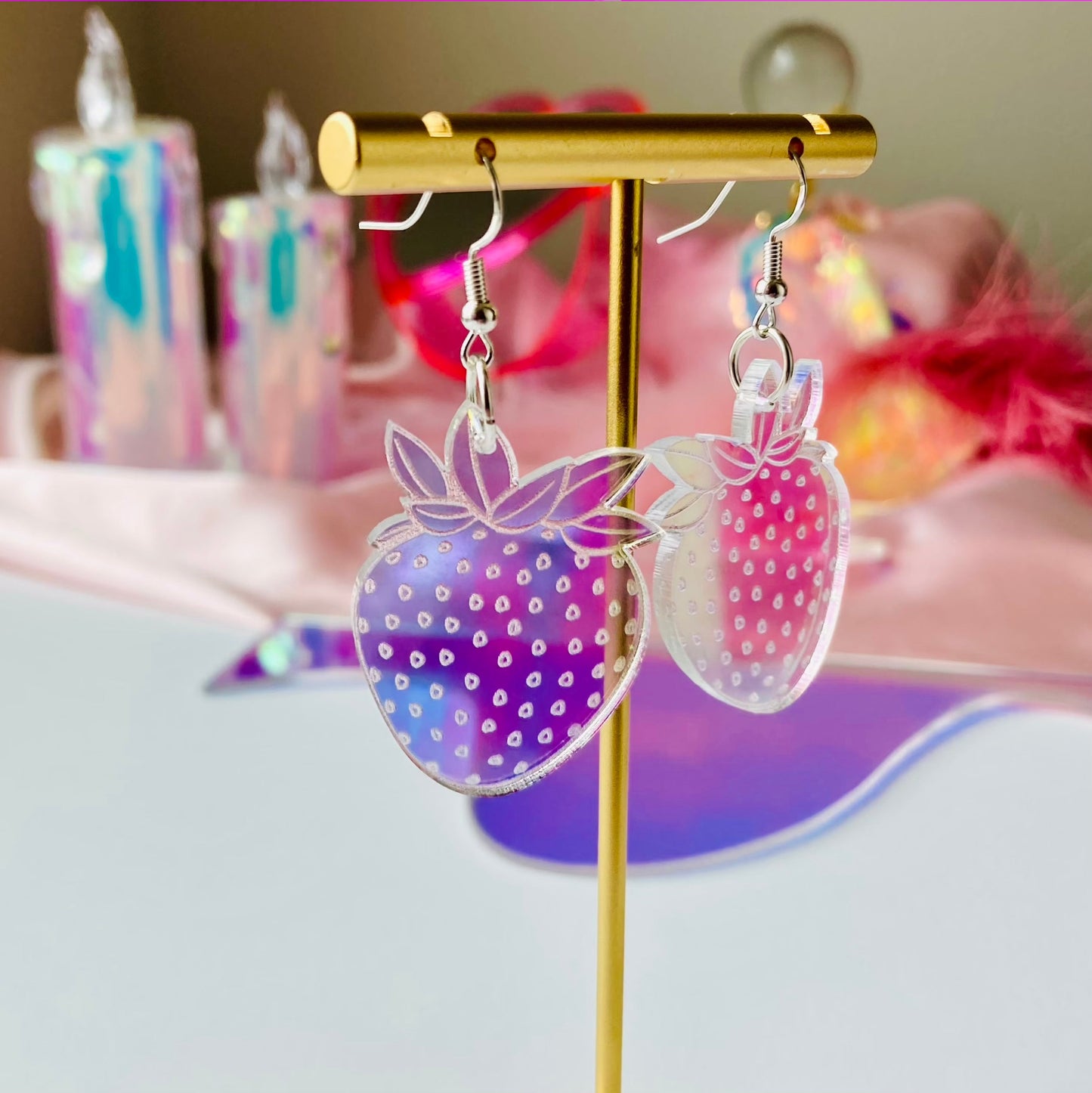 Wholesale- Strawberry Earrings- Iridescent Reflective Lightweight Witchy Fruit Summer Garden Juicy Kawaii