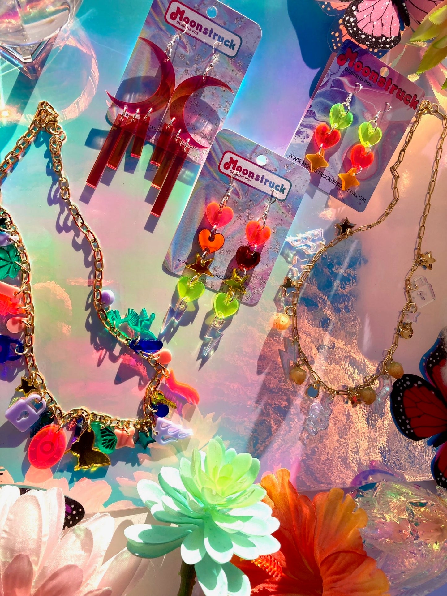 Crescent Moon Fringe Earrings- Ombre Red Orange Mystical Celestial