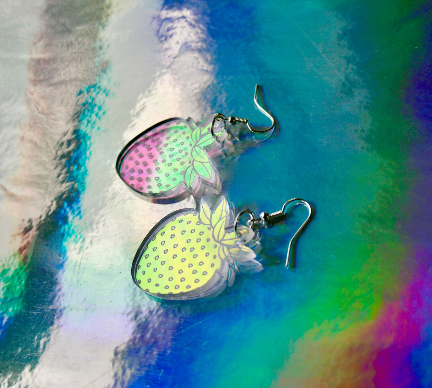Wholesale- Strawberry Earrings- Iridescent Reflective Lightweight Witchy Fruit Summer Garden Juicy Kawaii