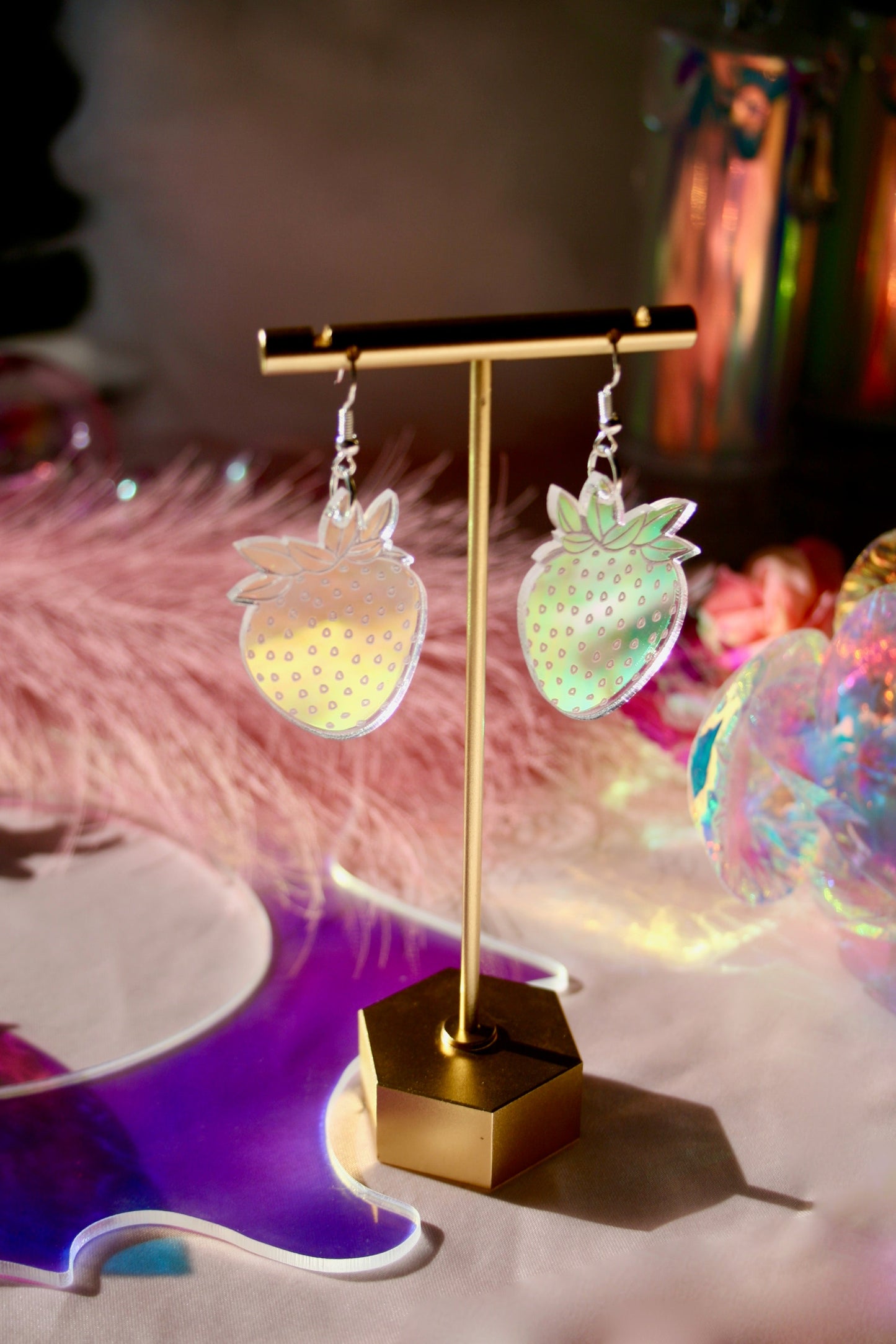 Wholesale- Strawberry Earrings- Iridescent Reflective Lightweight Witchy Fruit Summer Garden Juicy Kawaii