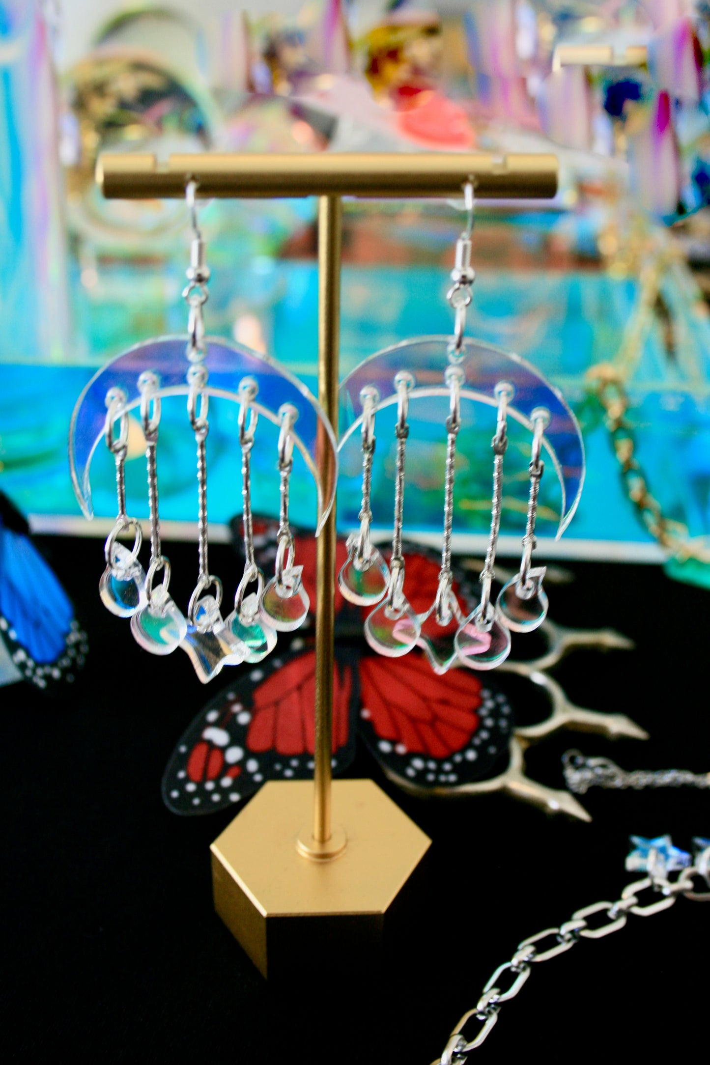 Iridescent Crescent Moon Teardrop Fringe Earrings