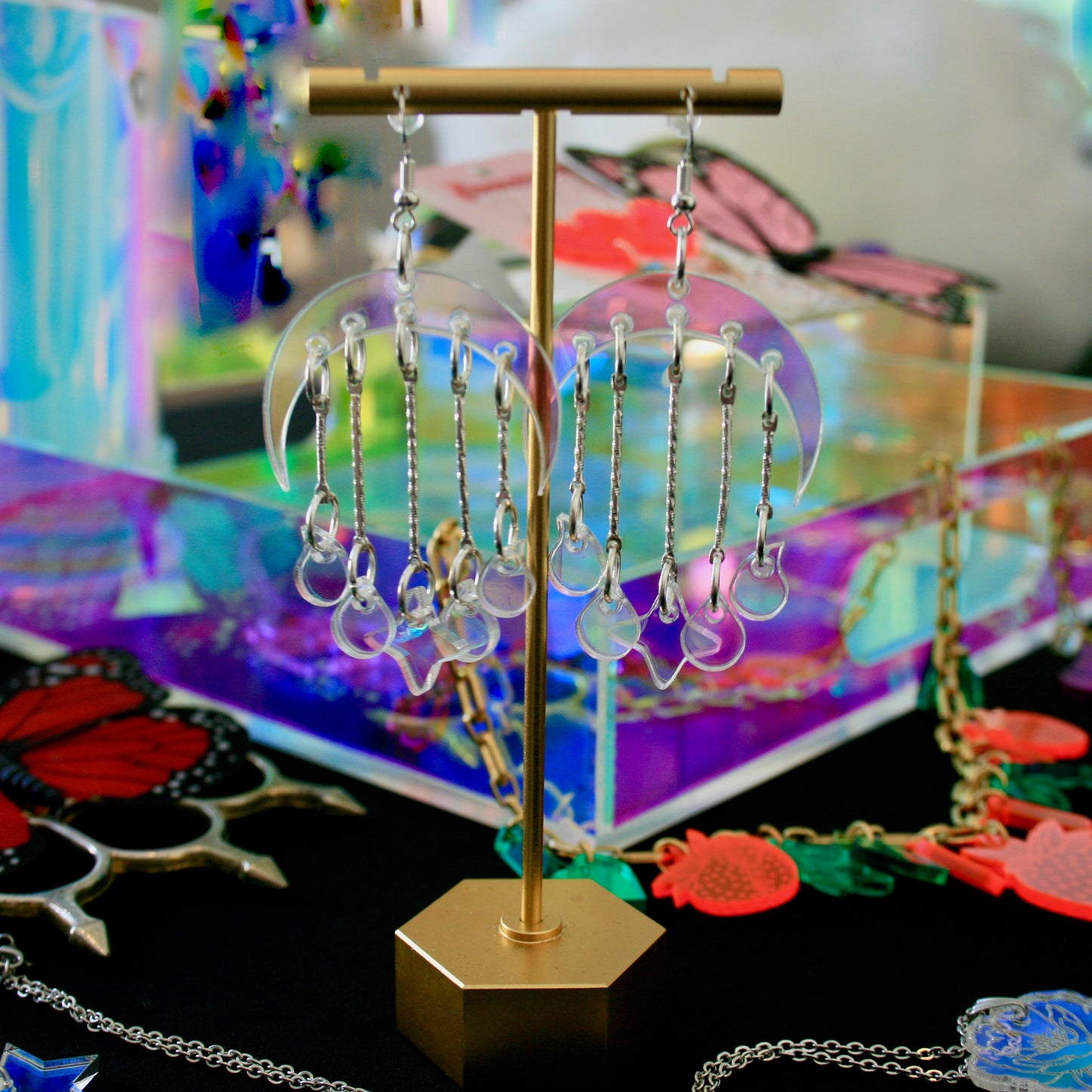 Iridescent Crescent Moon Teardrop Fringe Earrings