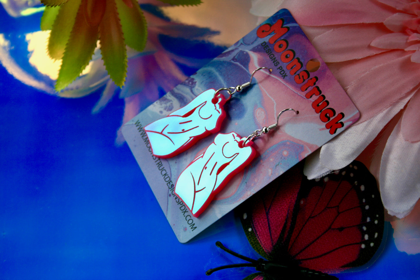 Pink Iridescence Reflective Holographic Femme Fatale Female Feminine Body Art Form Sculpture Earrings