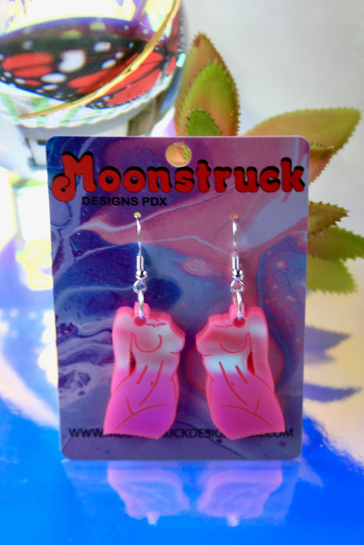 Pink Iridescence Reflective Holographic Femme Fatale Female Feminine Body Art Form Sculpture Earrings