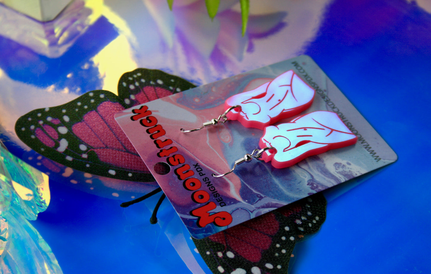 Pink Iridescence Reflective Holographic Femme Fatale Female Feminine Body Art Form Sculpture Earrings