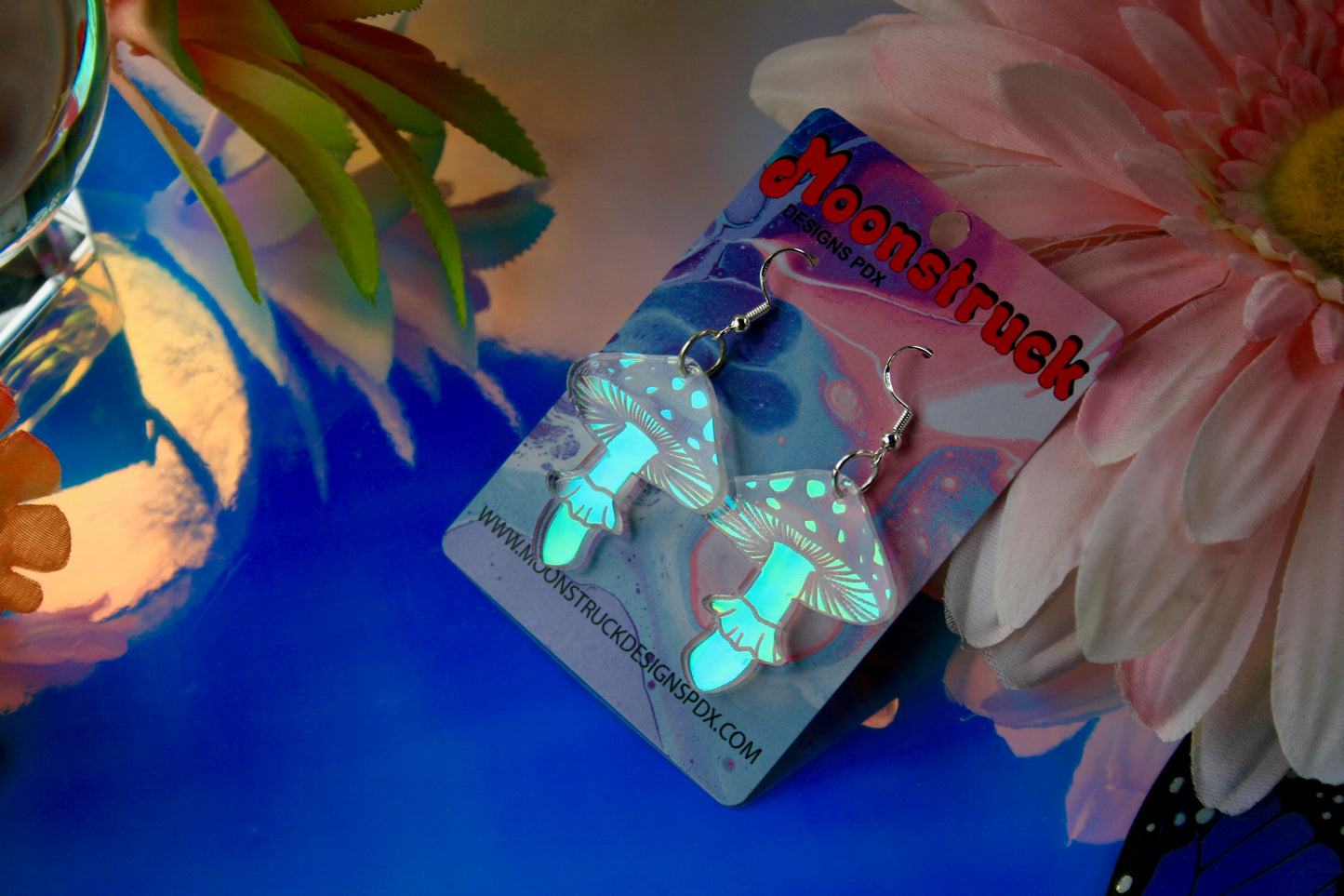 Spotted Mushroom Earrings- Pacific Northwest PNW Plant Fungi Acrylic Laser Cut USA Iridescent Sparkly Reflective Rainbow Opalescent Charm Earrings