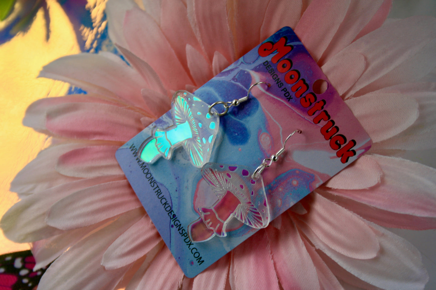 Spotted Mushroom Earrings- Pacific Northwest PNW Plant Fungi Acrylic Laser Cut USA Iridescent Sparkly Reflective Rainbow Opalescent Charm Earrings