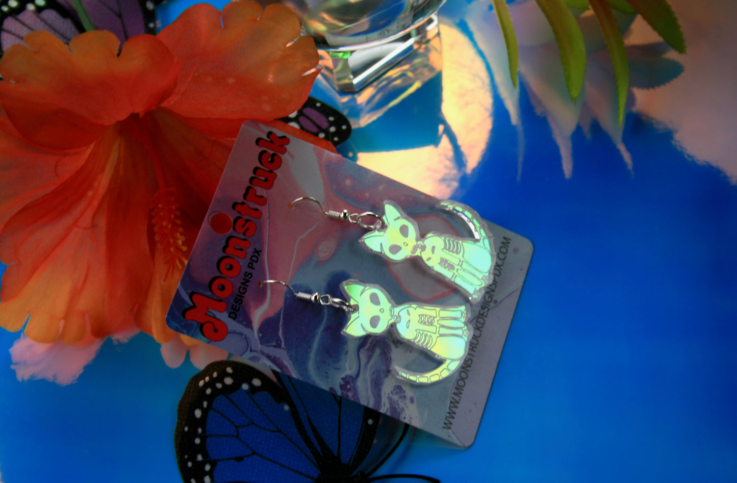 Skeleton Cat Earrings - Halloween Kitty Iridescent Mirrored Spooky Hallows Eve Skull Feline Undead Lightweight Hypoallergenic Reflective Mirrored Rave Festival Party Wear