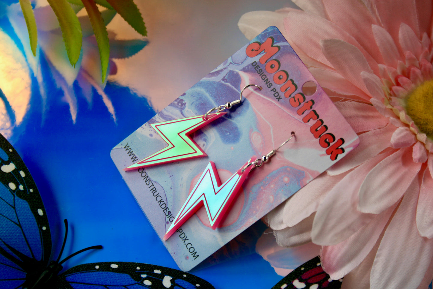 Lightning Bolt Earrings- Weather Iridescent Hot Pink