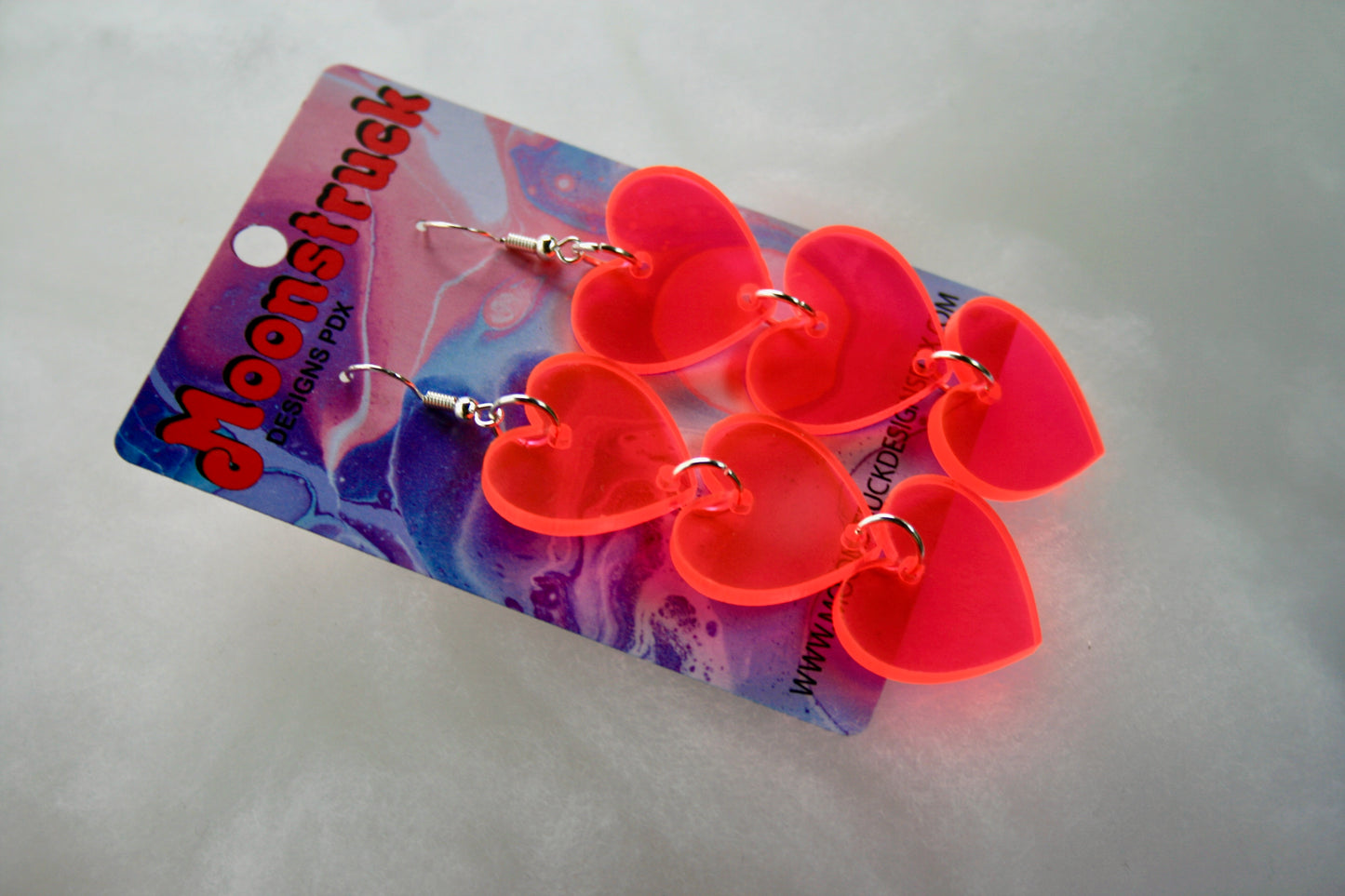 Triple Heart Neon Pink Iridescent Earrings