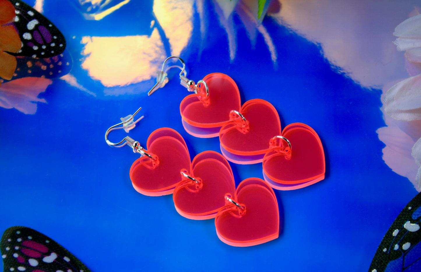 Triple Heart Neon Pink Iridescent Earrings