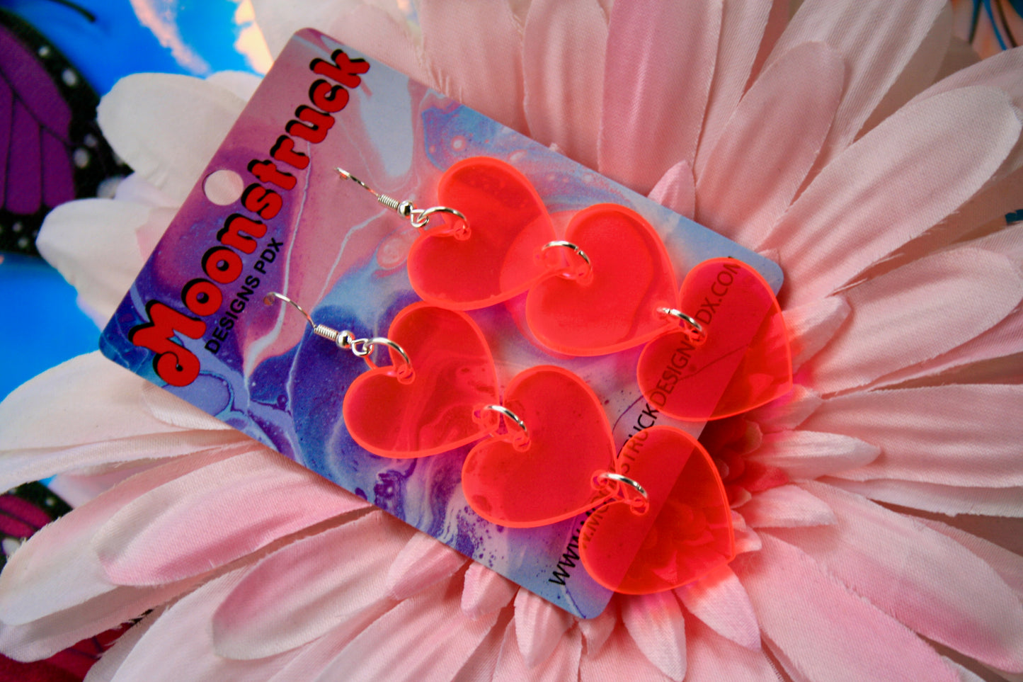 Triple Heart Neon Pink Iridescent Earrings