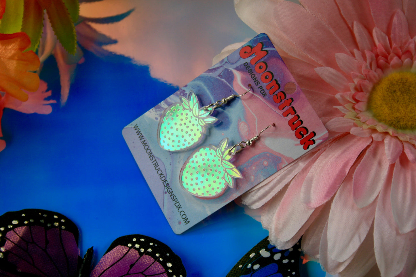Wholesale- Strawberry Earrings- Iridescent Reflective Lightweight Witchy Fruit Summer Garden Juicy Kawaii