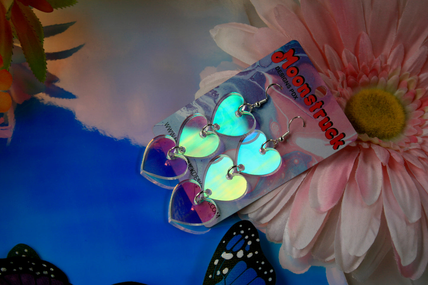 Triple Heart Neon Pink Iridescent Earrings