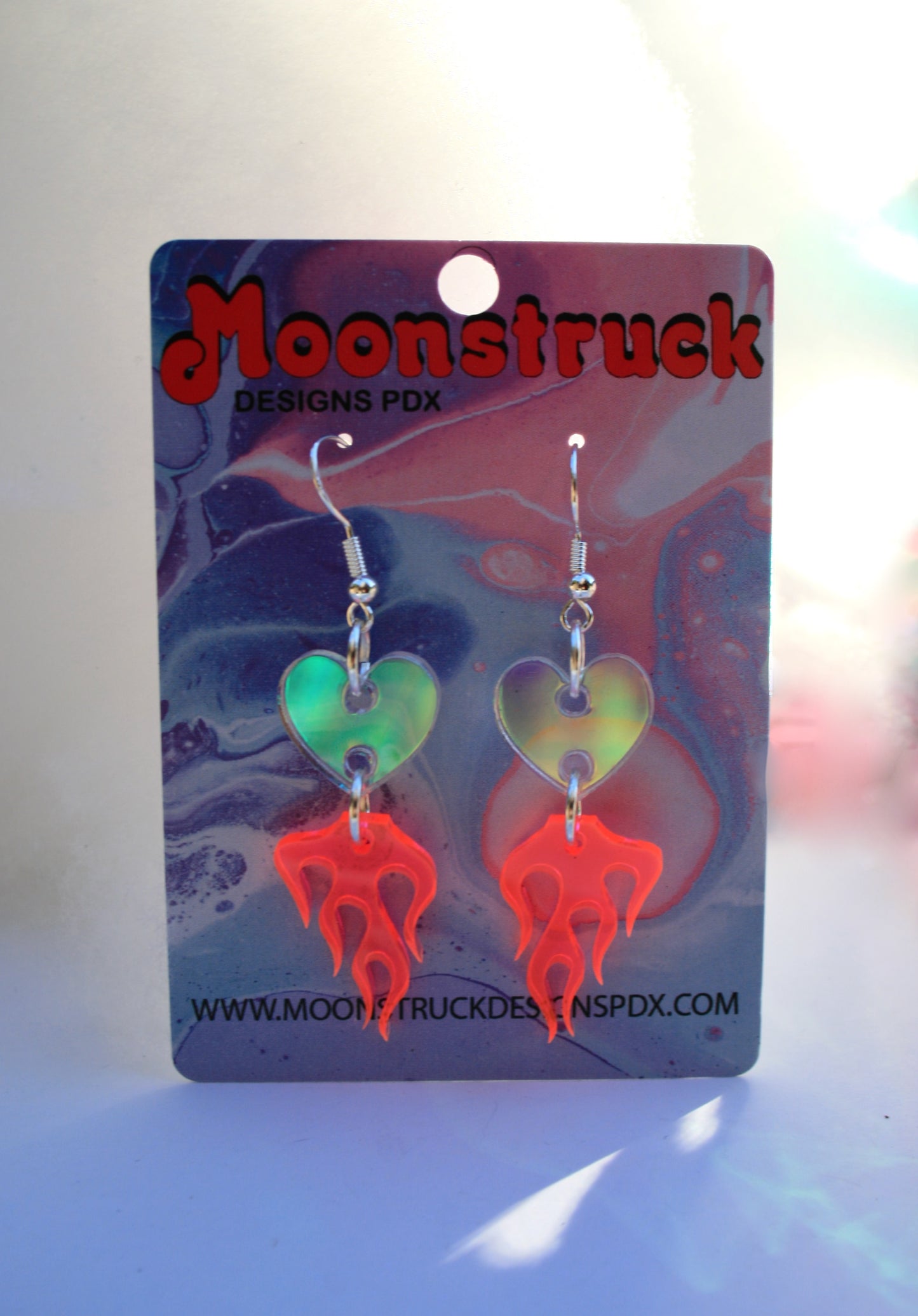 Heart & Flame Dangle Earrings- Iridescent Pink Cute Kawaii Petite