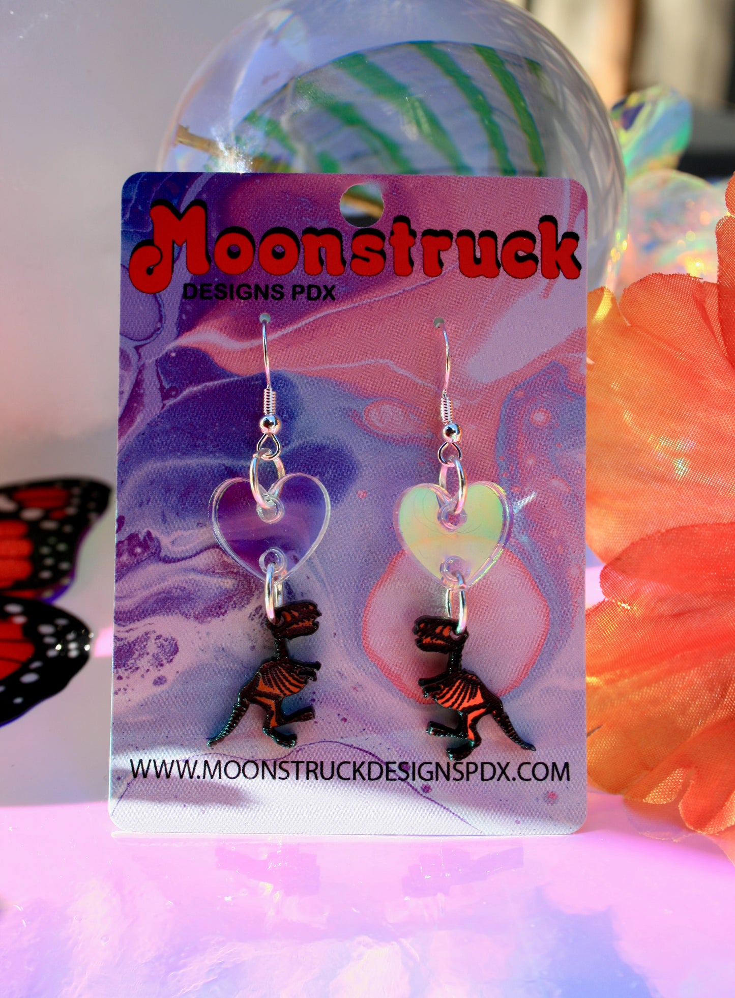 Heart & Dino Earrings - Halloween Iridescent Mirrored Spooky Hallows Eve Skull Undead Lightweight Hypoallergenic Reflective Mirrored Rave Festival Party Wear