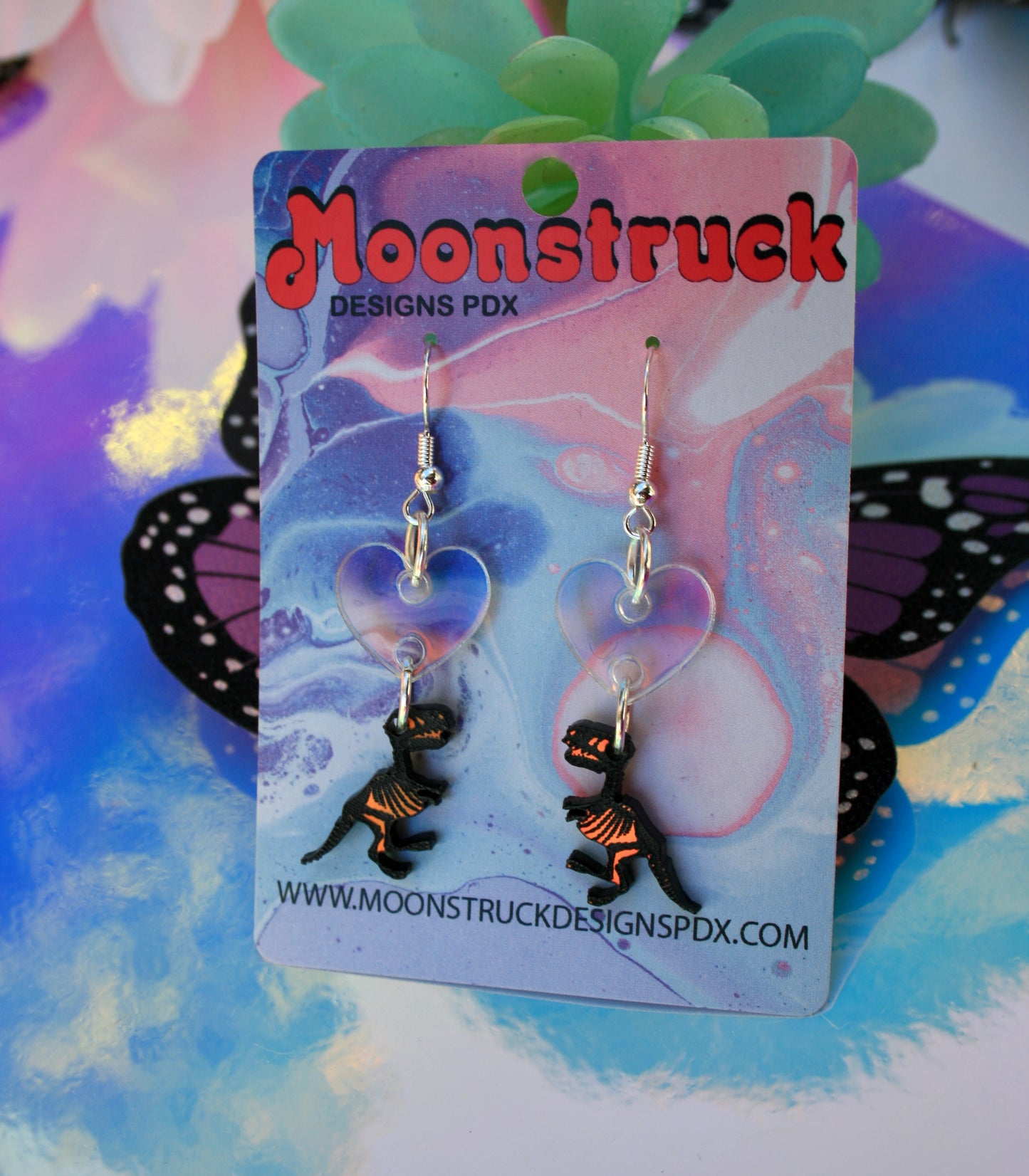 Heart & Dino Earrings - Halloween Iridescent Mirrored Spooky Hallows Eve Skull Undead Lightweight Hypoallergenic Reflective Mirrored Rave Festival Party Wear