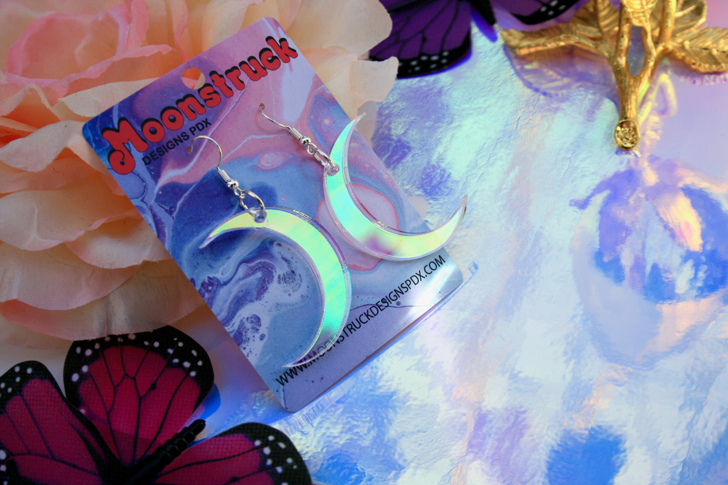 Wholesale- Moon Earrings- Crescent Luna Lunar Celestial Planet Wiccan Witchy Goth Lasercut Holo Mirrored Iridescent Rave Reflective Rainbow