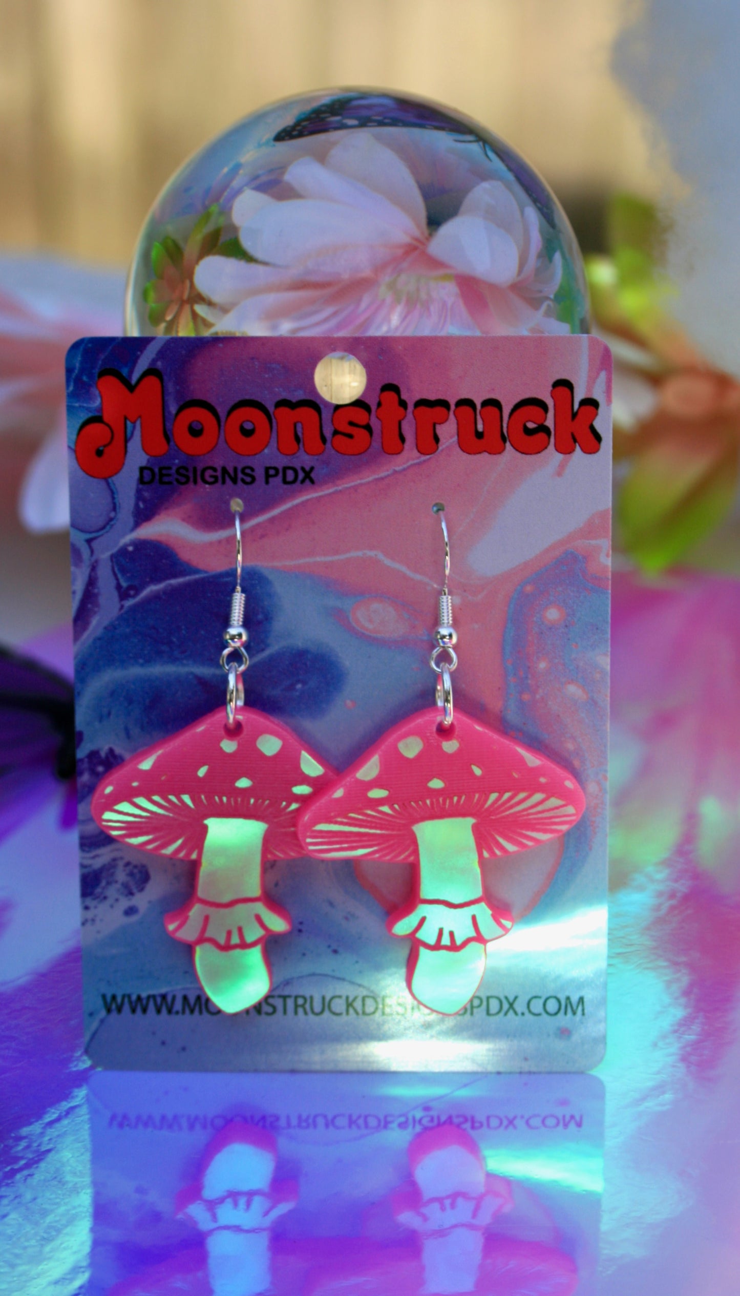 Spotted Mushroom Earrings- Pacific Northwest PNW Plant Fungi Acrylic Laser Cut USA Iridescent Sparkly Reflective Rainbow Opalescent Charm Earrings