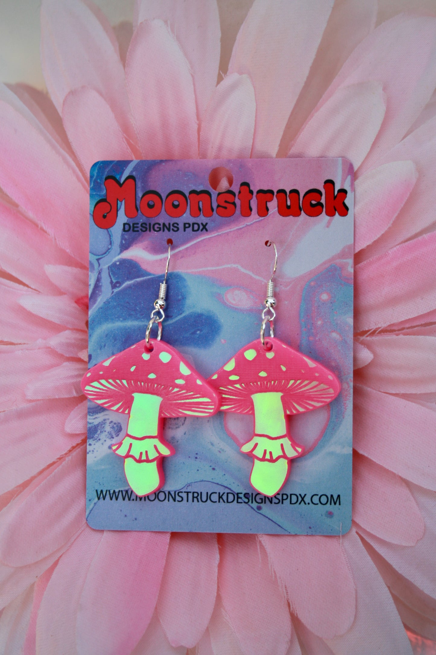 Spotted Mushroom Earrings- Pacific Northwest PNW Plant Fungi Acrylic Laser Cut USA Iridescent Sparkly Reflective Rainbow Opalescent Charm Earrings