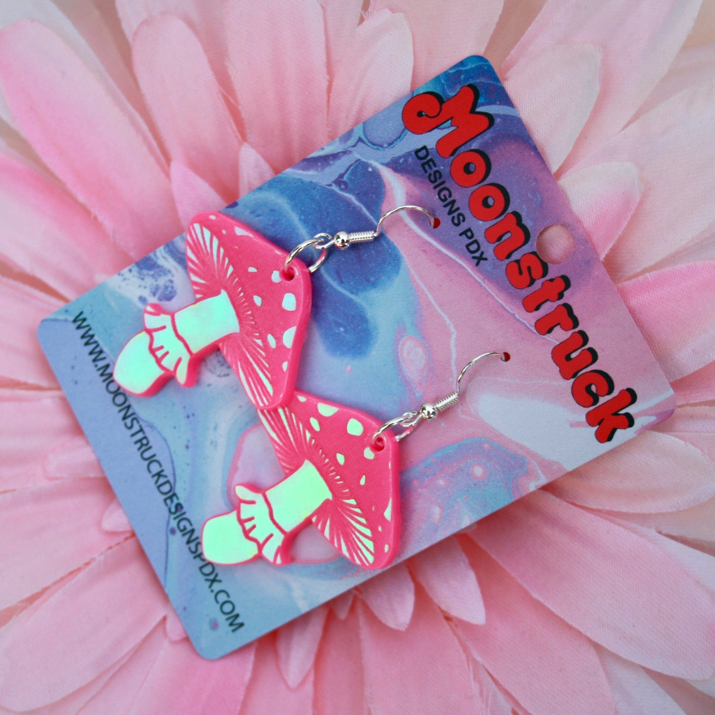 Spotted Mushroom Earrings- Pacific Northwest PNW Plant Fungi Acrylic Laser Cut USA Iridescent Sparkly Reflective Rainbow Opalescent Charm Earrings