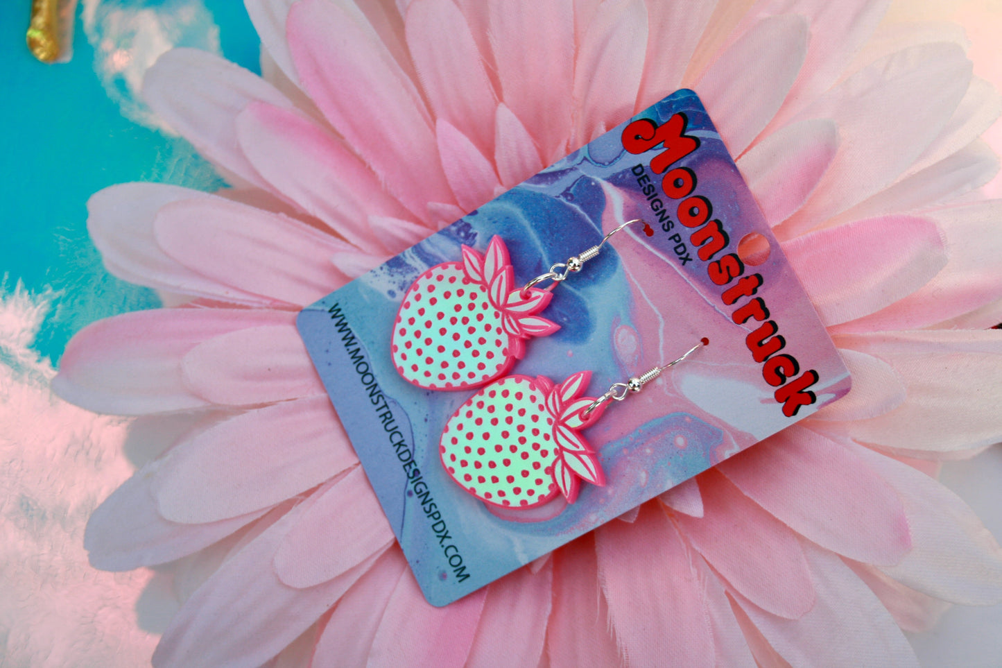 Wholesale- Strawberry Earrings- Iridescent Reflective Lightweight Witchy Fruit Summer Garden Juicy Kawaii