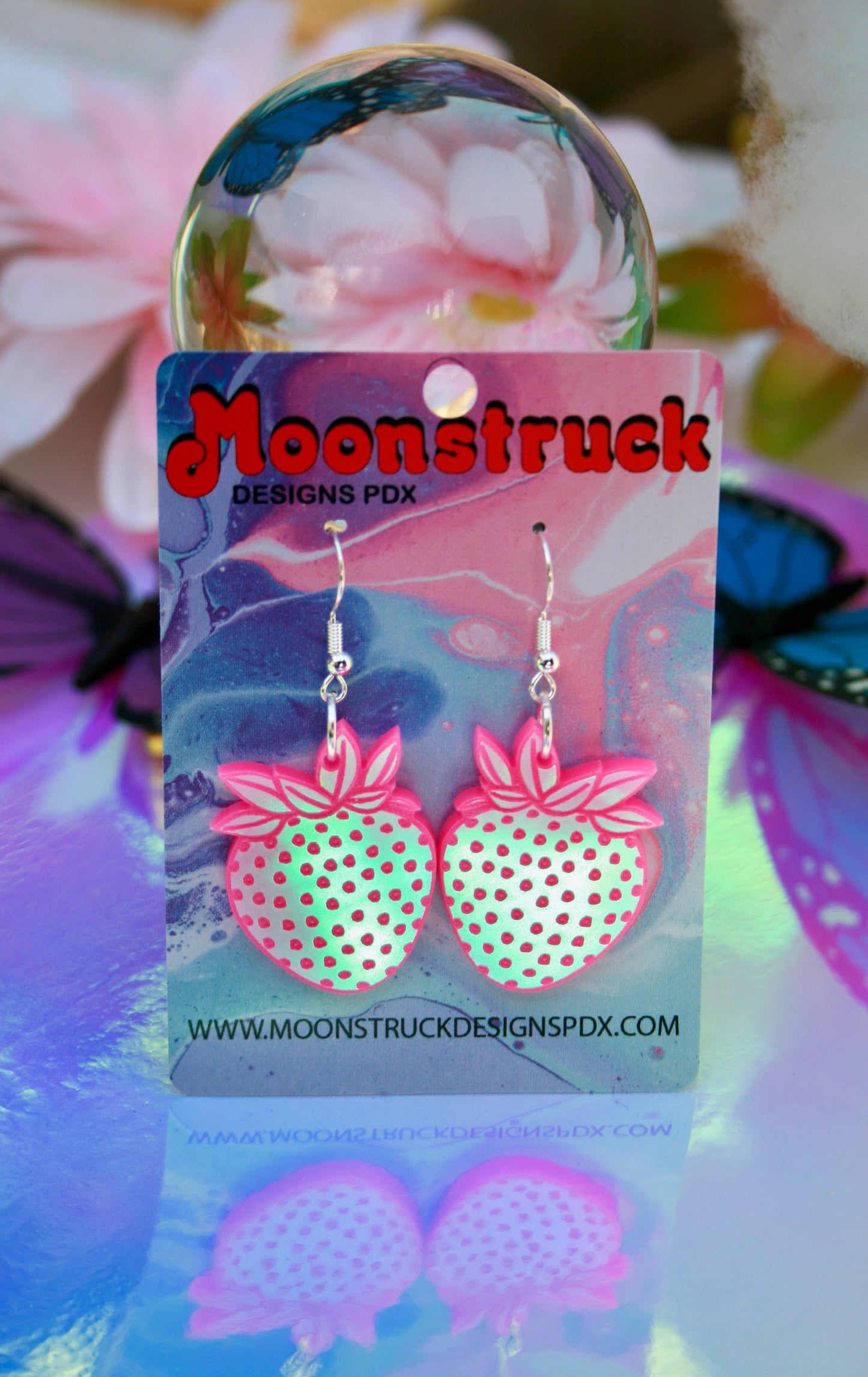 Wholesale- Strawberry Earrings- Iridescent Reflective Lightweight Witchy Fruit Summer Garden Juicy Kawaii