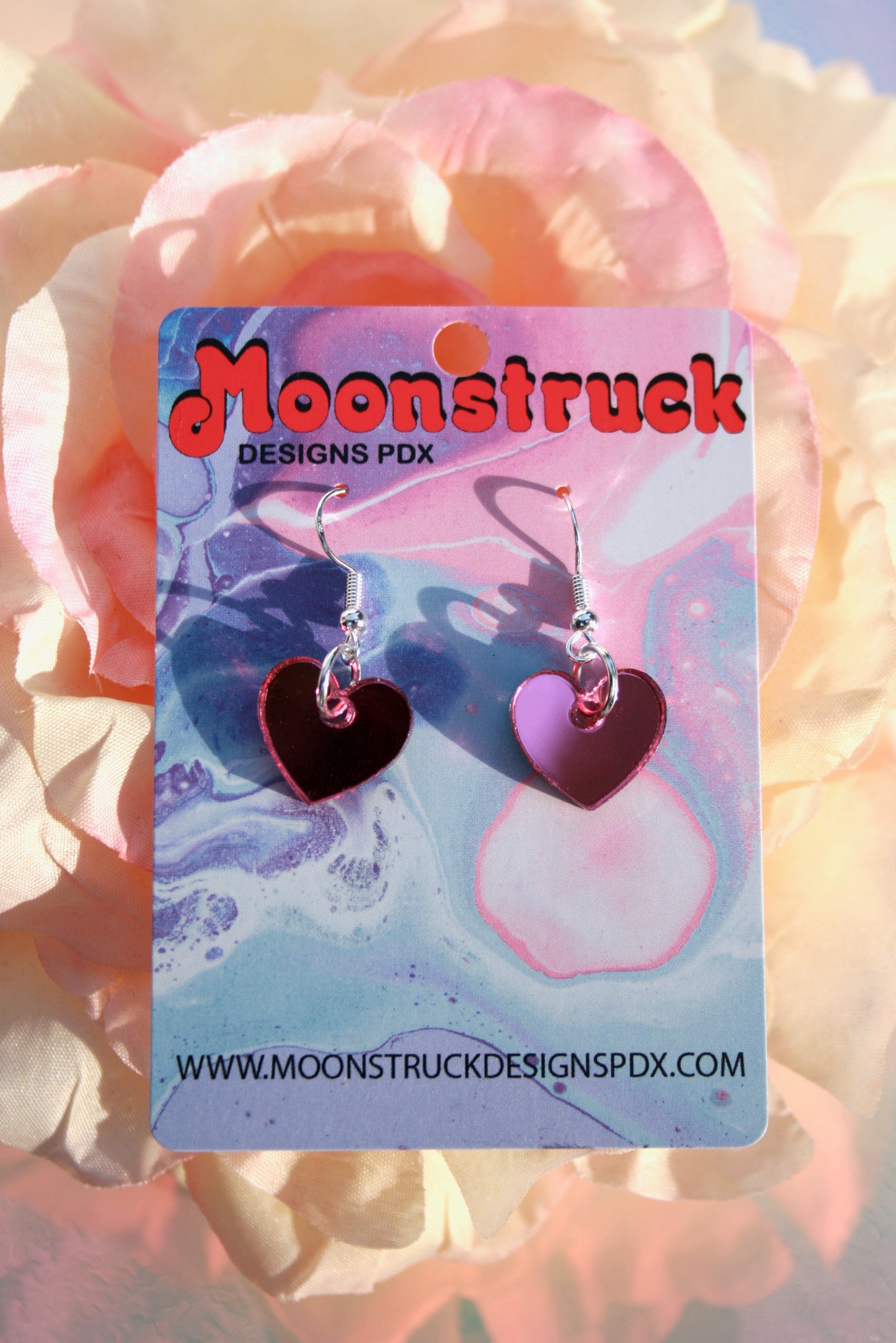 Mirrored Baby Pink Heart Earrings- Iridescent Pink Cute Kawaii Petite