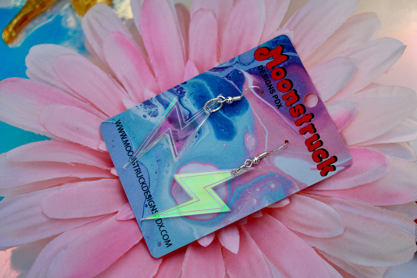 Lightning Bolt Earrings- Weather Iridescent Hot Pink