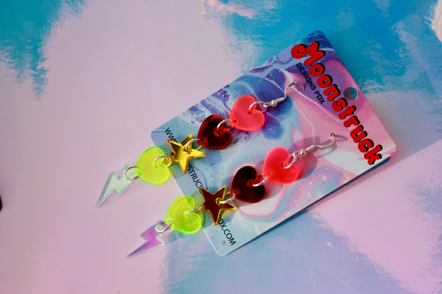 Heart Lightning Bolt Star Rainbow Dangle Iridescent Earrings