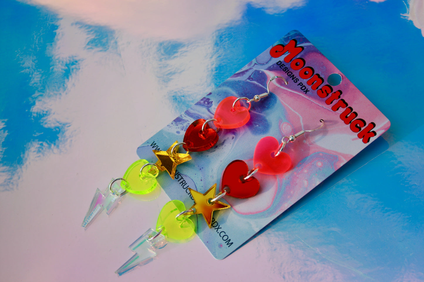Heart Lightning Bolt Star Rainbow Dangle Iridescent Earrings
