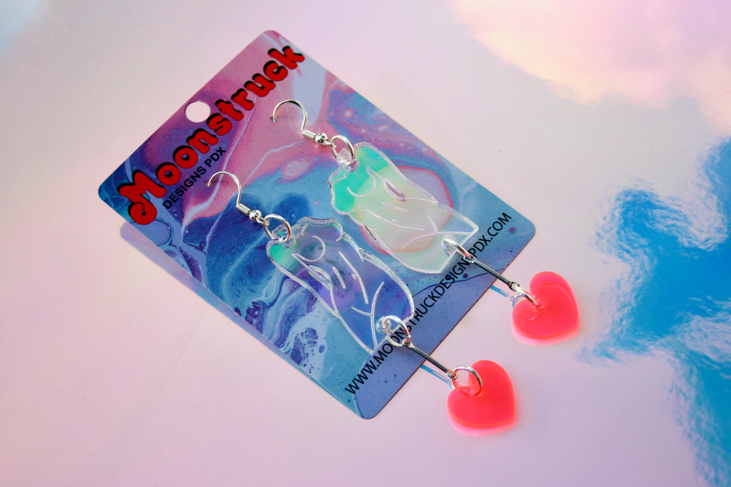 Black Dark Iridescence Reflective Holographic Femme Fatale Female Feminine Body Art Form Sculpture Earrings