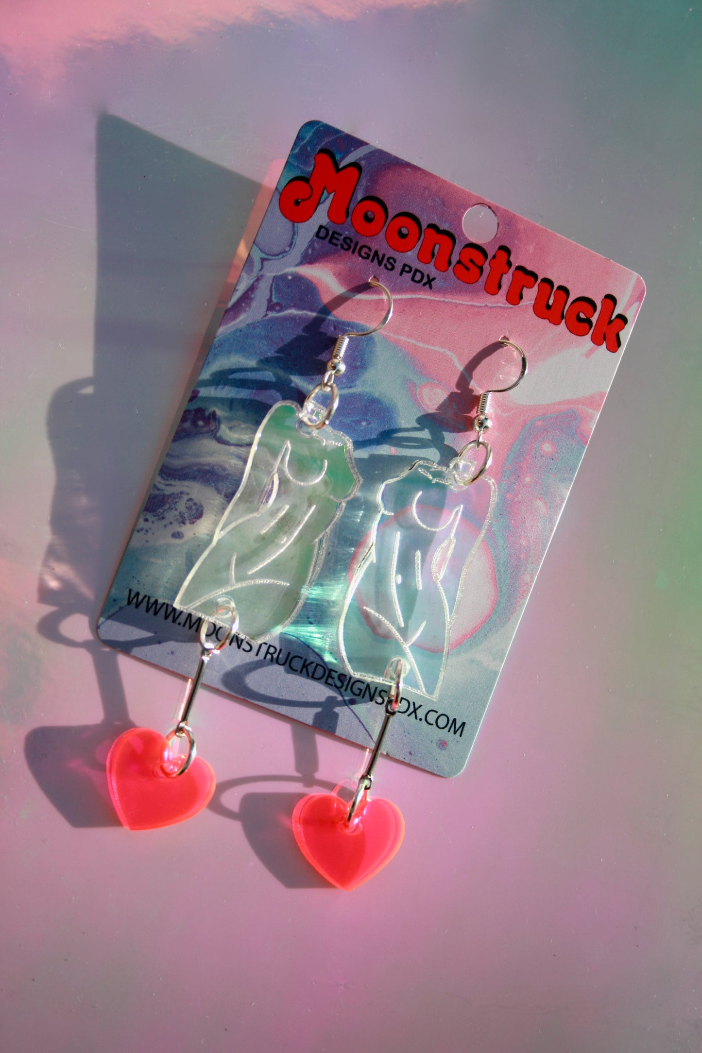 Wholesale- Feminine Body w/ Heart Dangle Earrings- Black Dark Iridescence Reflective Holographic Femme Fatale Female Art Form Sculpture