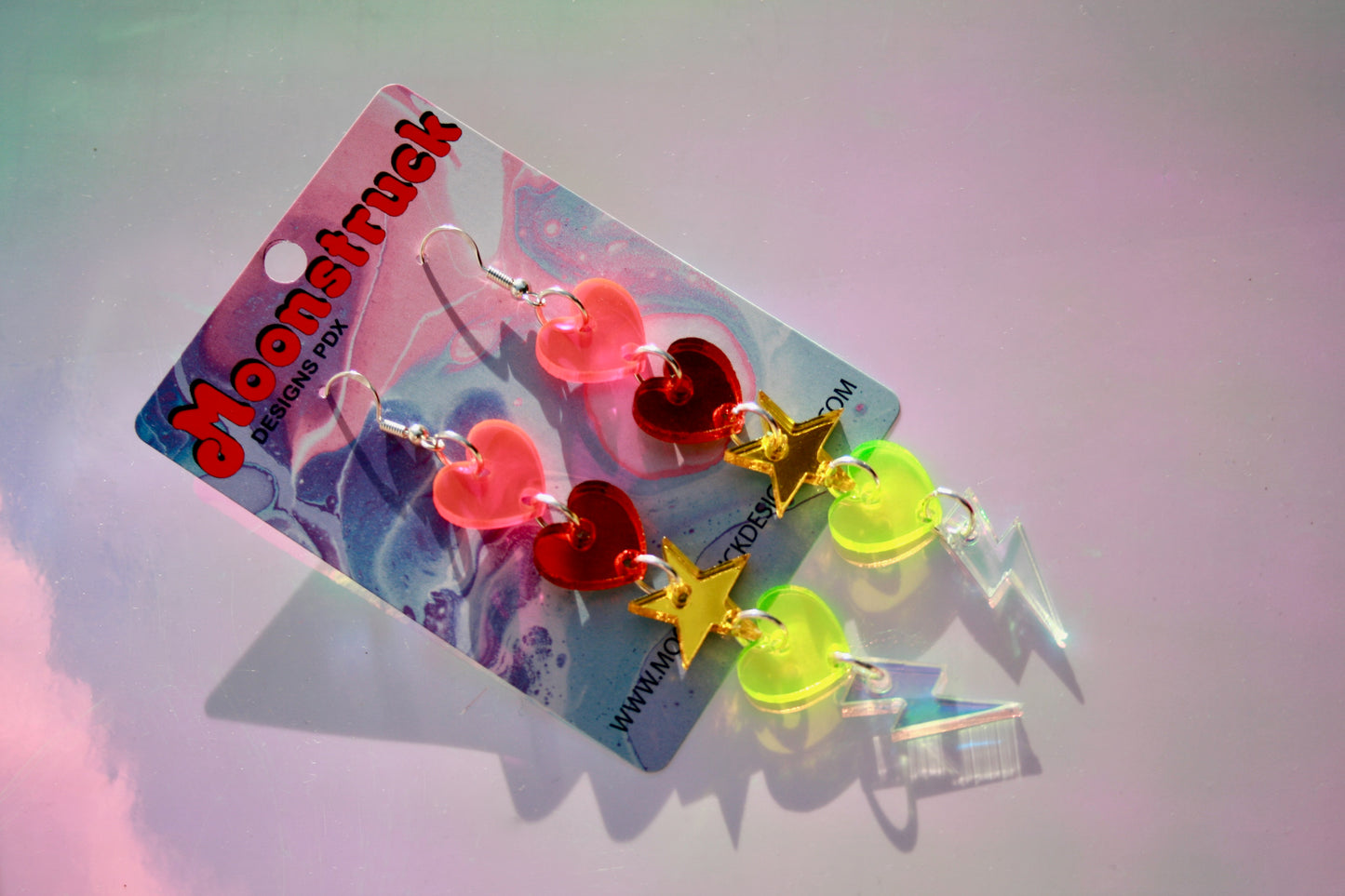 Heart Lightning Bolt Star Rainbow Dangle Iridescent Earrings