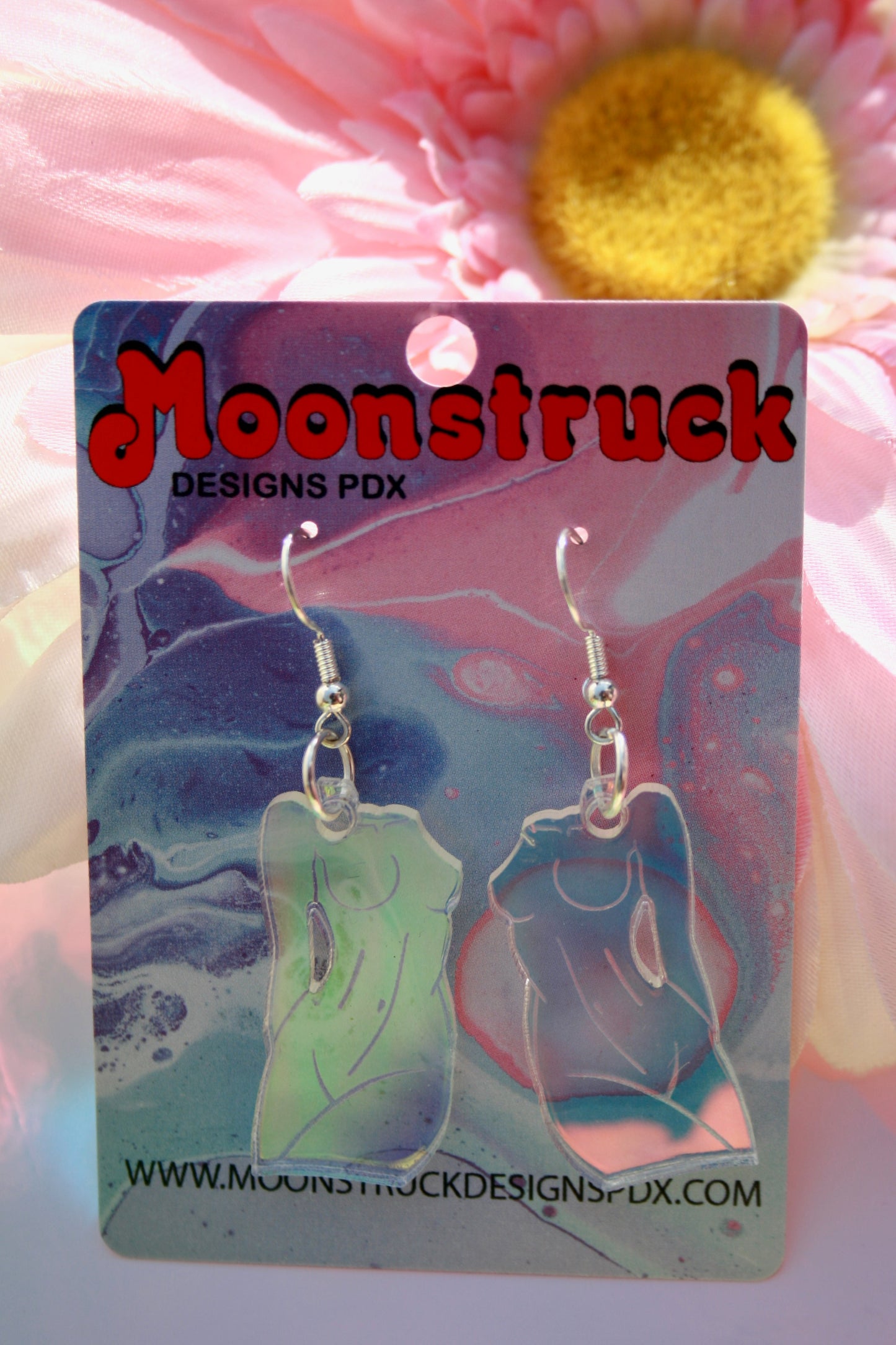 Pink Iridescence Reflective Holographic Femme Fatale Female Feminine Body Art Form Sculpture Earrings