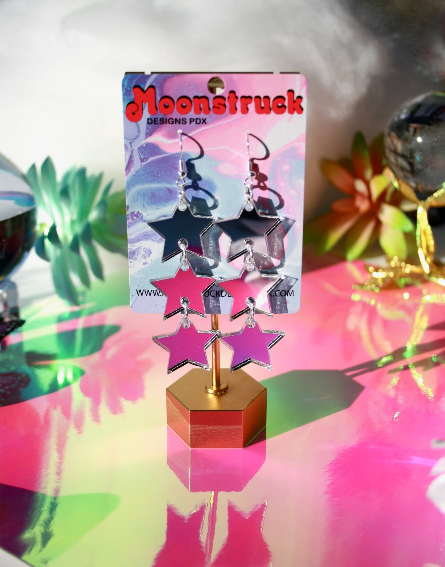 Silver Star Earrings- Three Star New Years Dangle Reflective Chrome