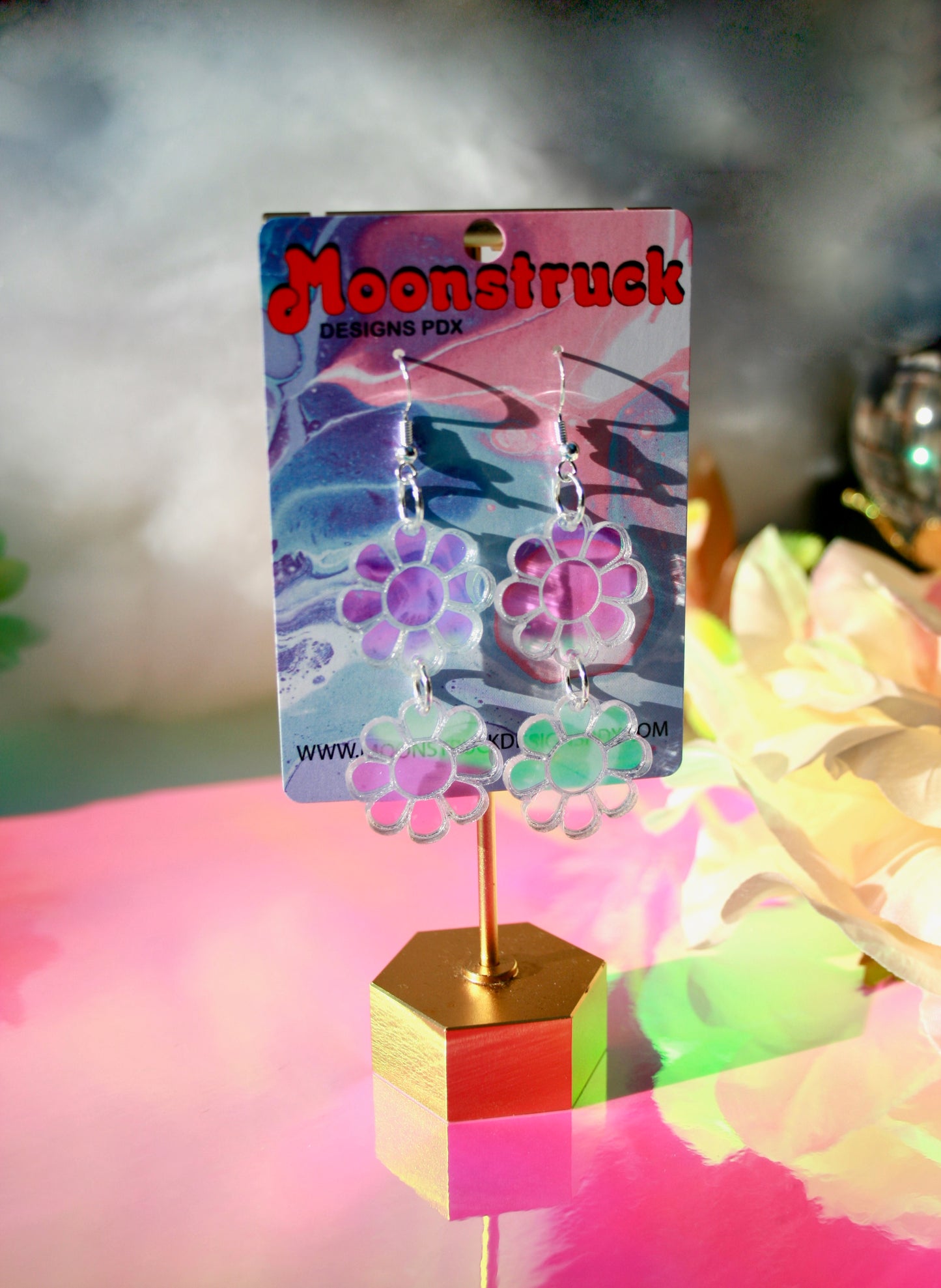 Wholesale- Double Daisy Earrings - Retro Groovy 70s Flower Bloom Blossom Plant Color Shift Jewelry Dangle Acrylic Holo Iridescent Rainbow Reflective