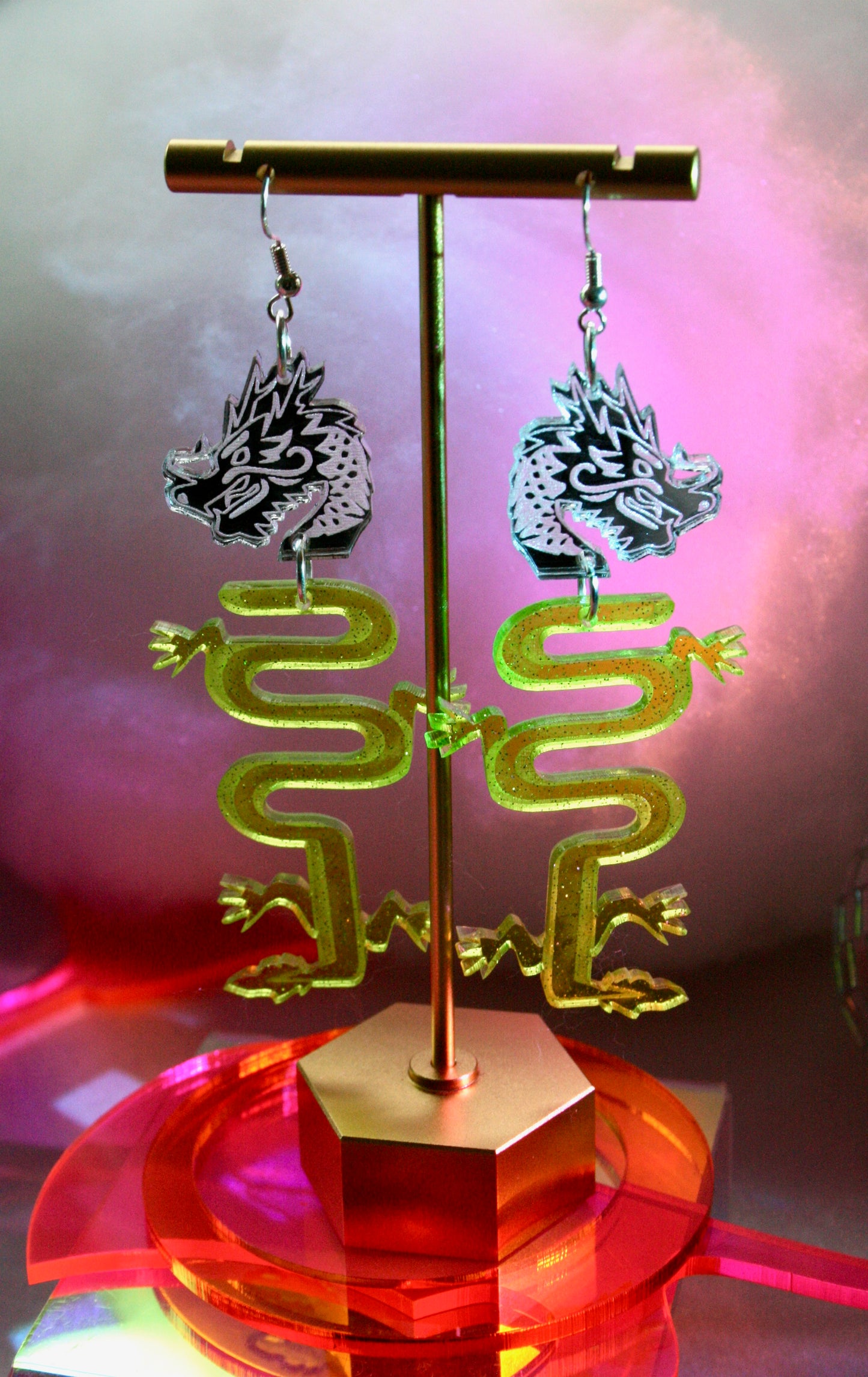 Dragon Earrings- Sparkly Green Silver Reflective Lightweight Reptile Lizard Fantasy