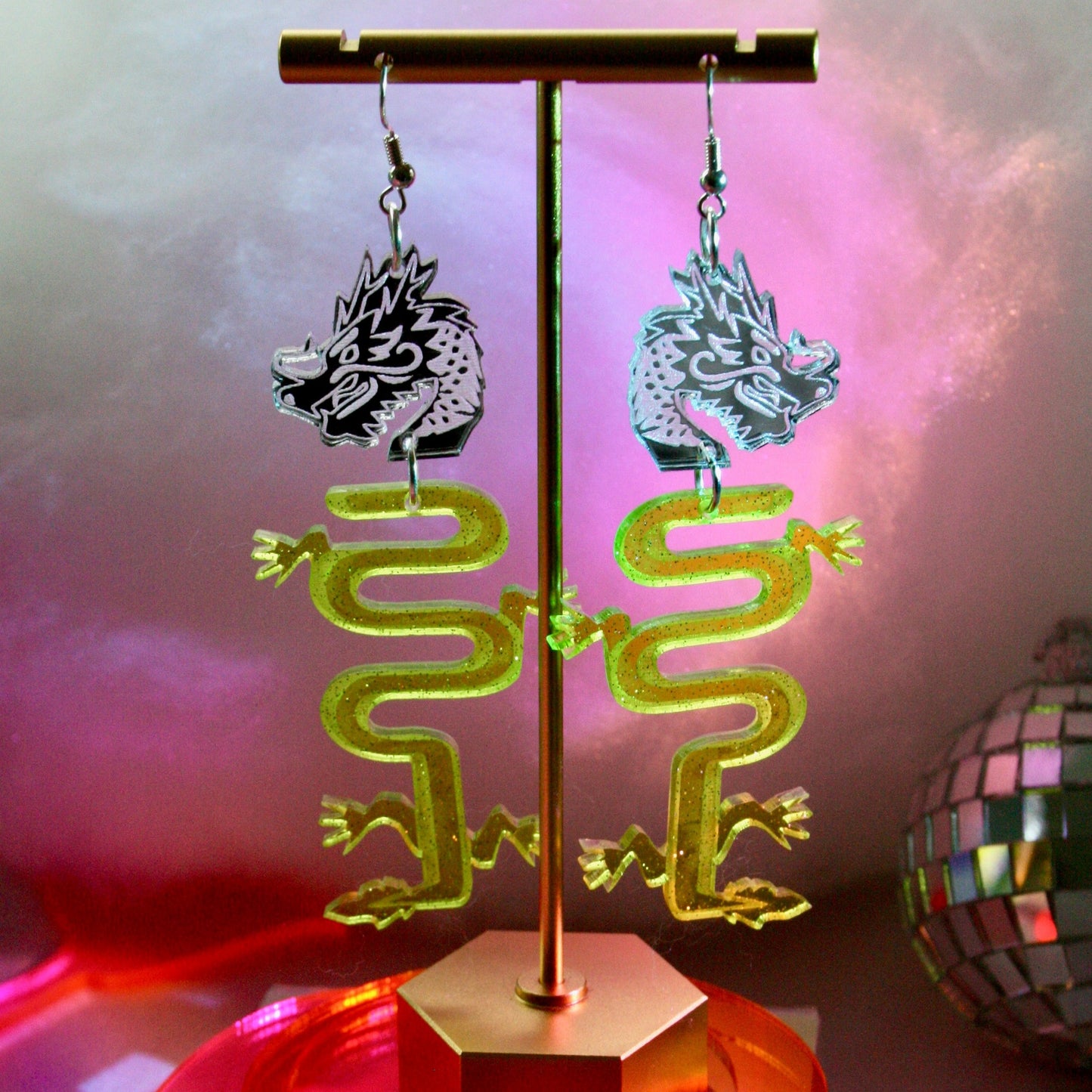 Dragon Earrings- Sparkly Green Silver Reflective Lightweight Reptile Lizard Fantasy
