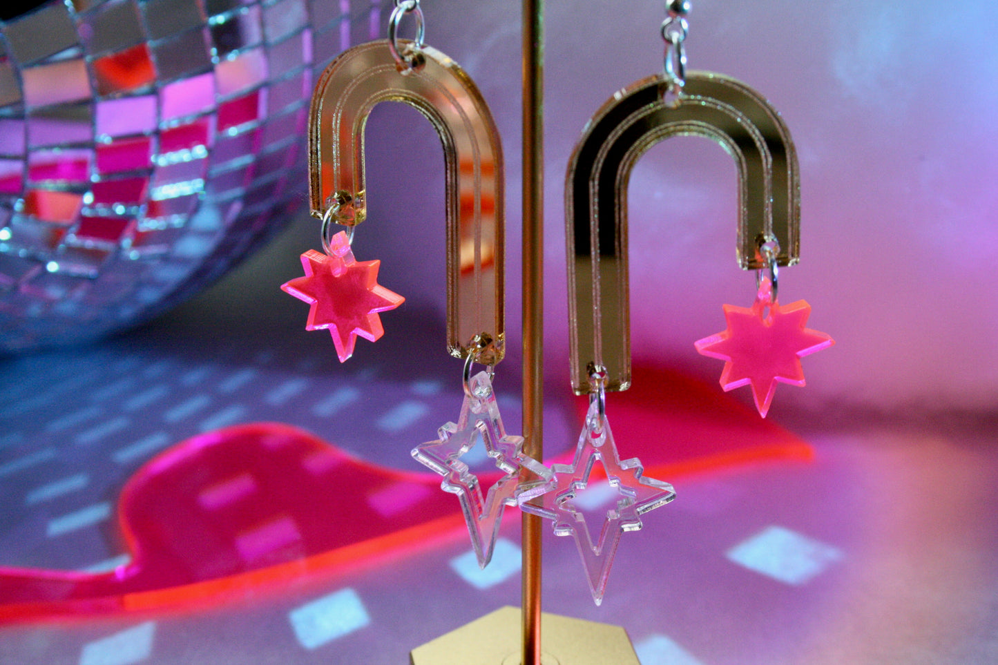 Art Deco Archway Earrings- Gold Hot Pink Iridescent Reflective Portal Statement