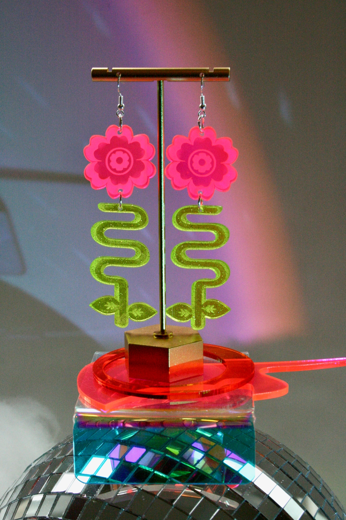 Wholesale- Flower Blossom Earrings- Neon Sparkly Green Pink Unique Art Deco