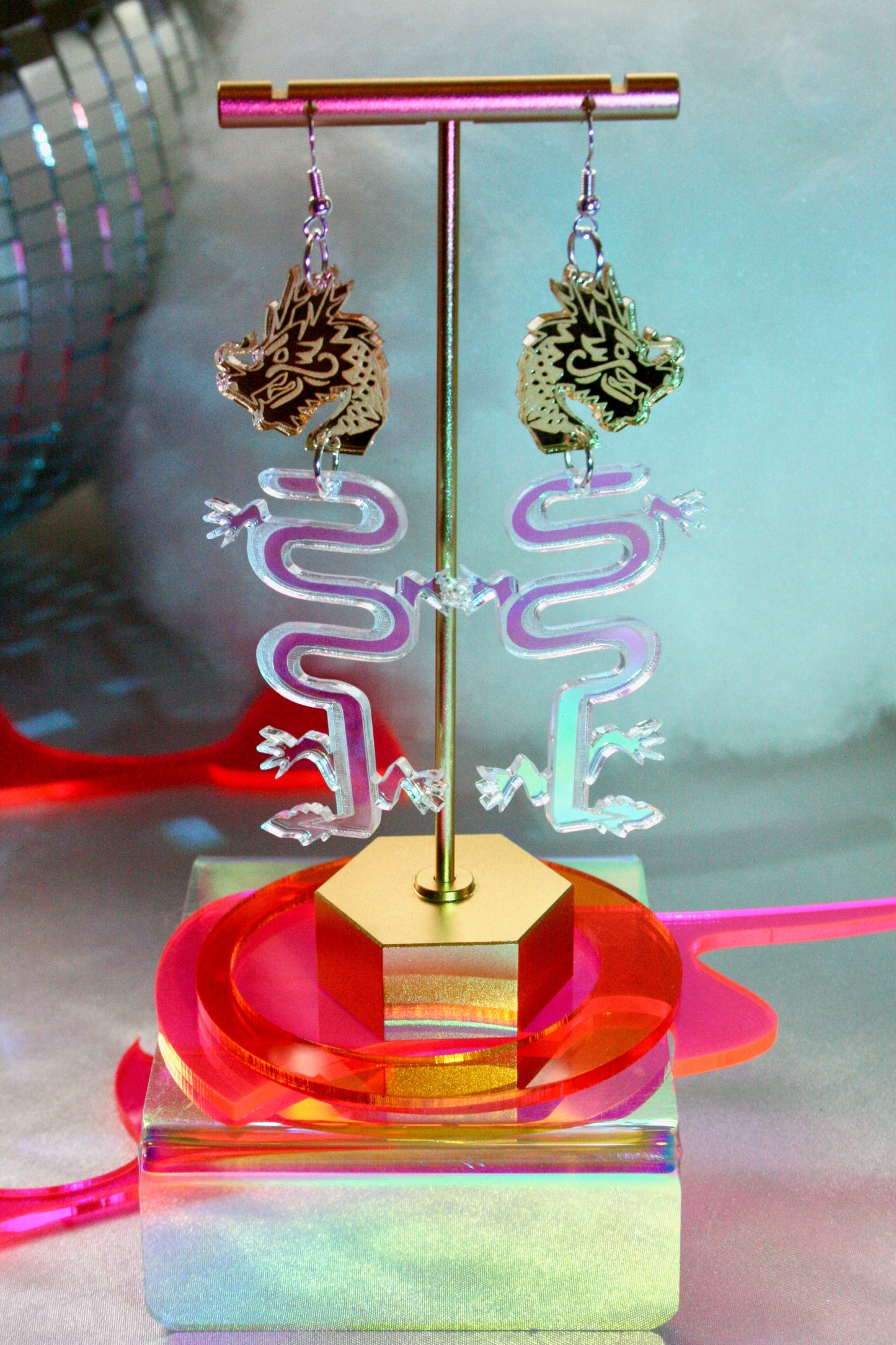 Wholesale- Dragon Earrings- Sparkly Green Silver Reflective Lightweight Reptile Lizard Fantasy