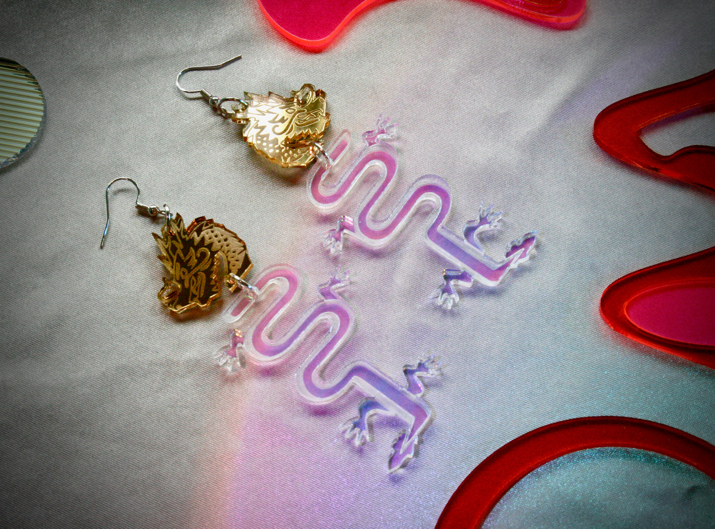 Dragon Earrings- Sparkly Green Silver Reflective Lightweight Reptile Lizard Fantasy