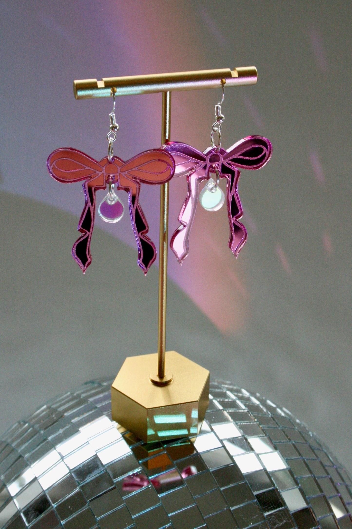 Pink Bow Earrings- Reflective Kawaii Sweet Teardrop Lightweight Valentines