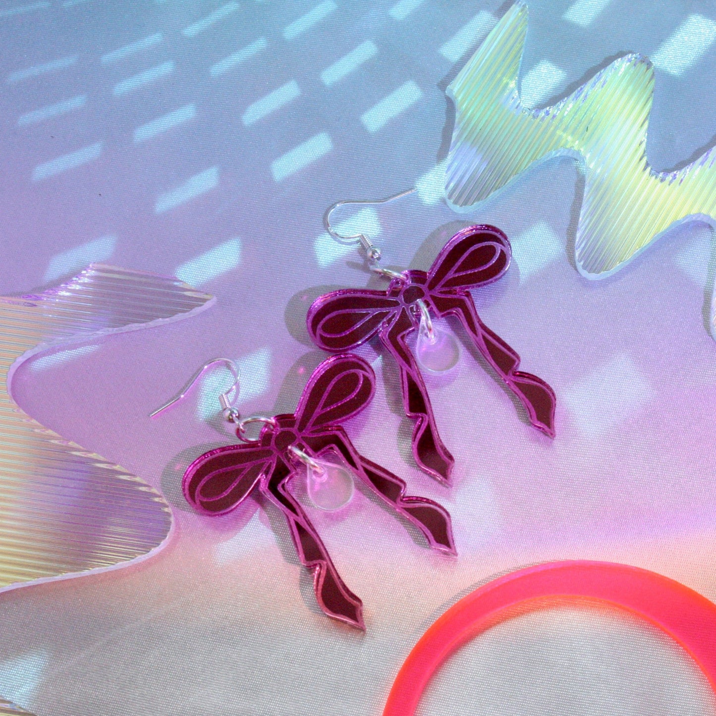 Pink Bow Earrings- Reflective Kawaii Sweet Teardrop Lightweight Valentines