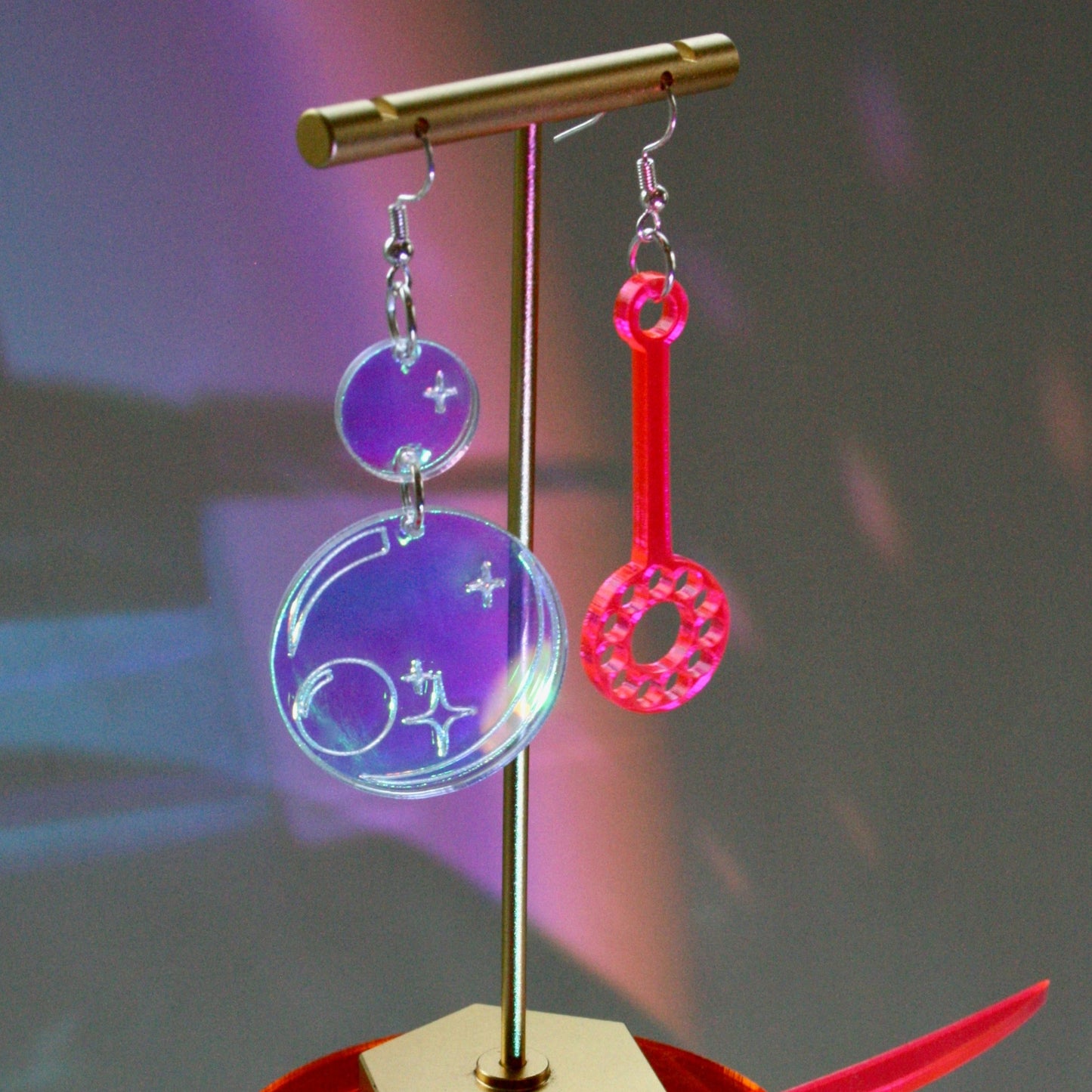 Bubble Wand Earrings- Iridescent Hot Pink Kawaii Sweet Lightweight Valentines