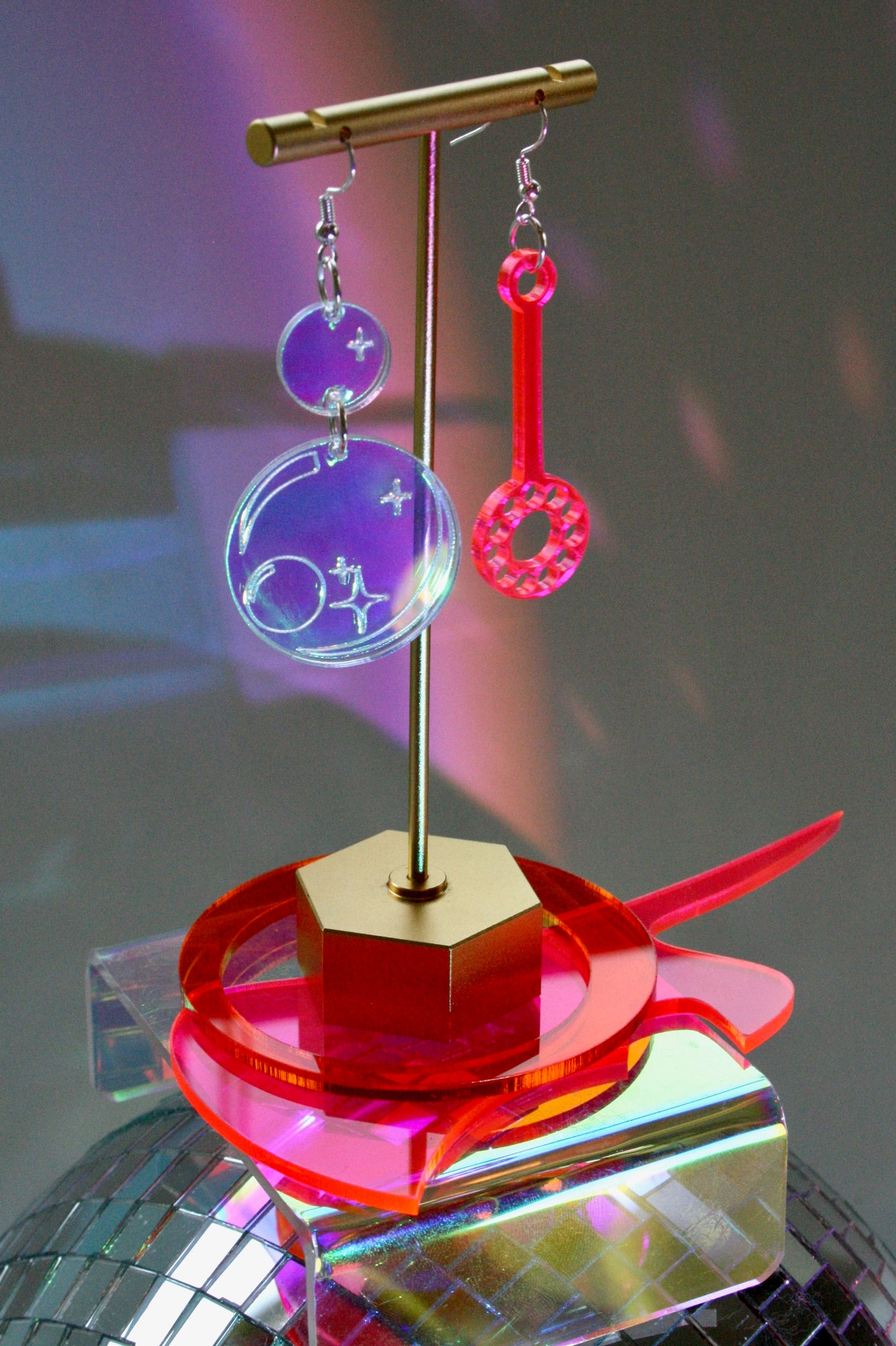 Bubble Wand Earrings- Iridescent Hot Pink Kawaii Sweet Lightweight Valentines