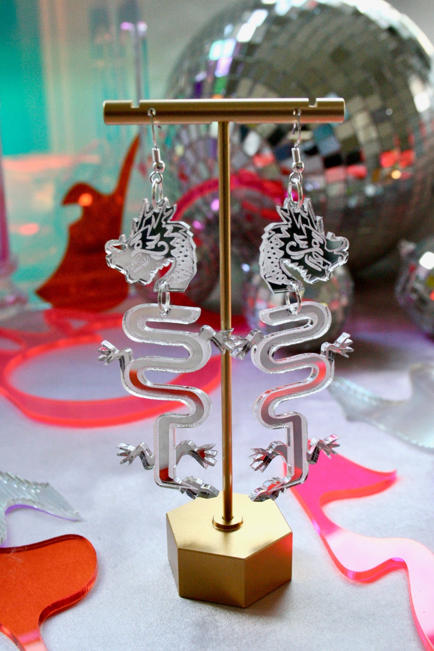 Dragon Earrings- Sparkly Green Silver Reflective Lightweight Reptile Lizard Fantasy