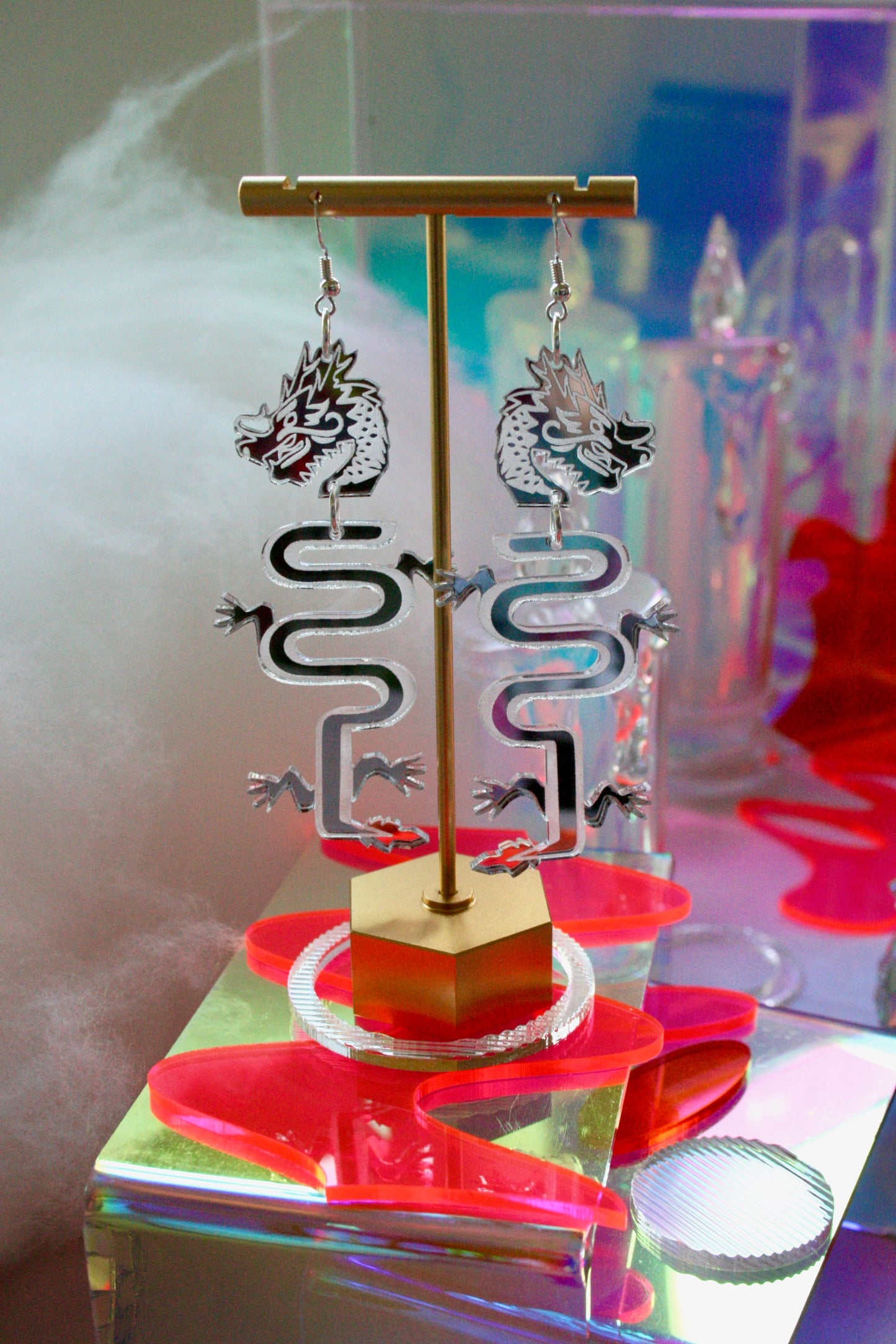 Dragon Earrings- Sparkly Green Silver Reflective Lightweight Reptile Lizard Fantasy