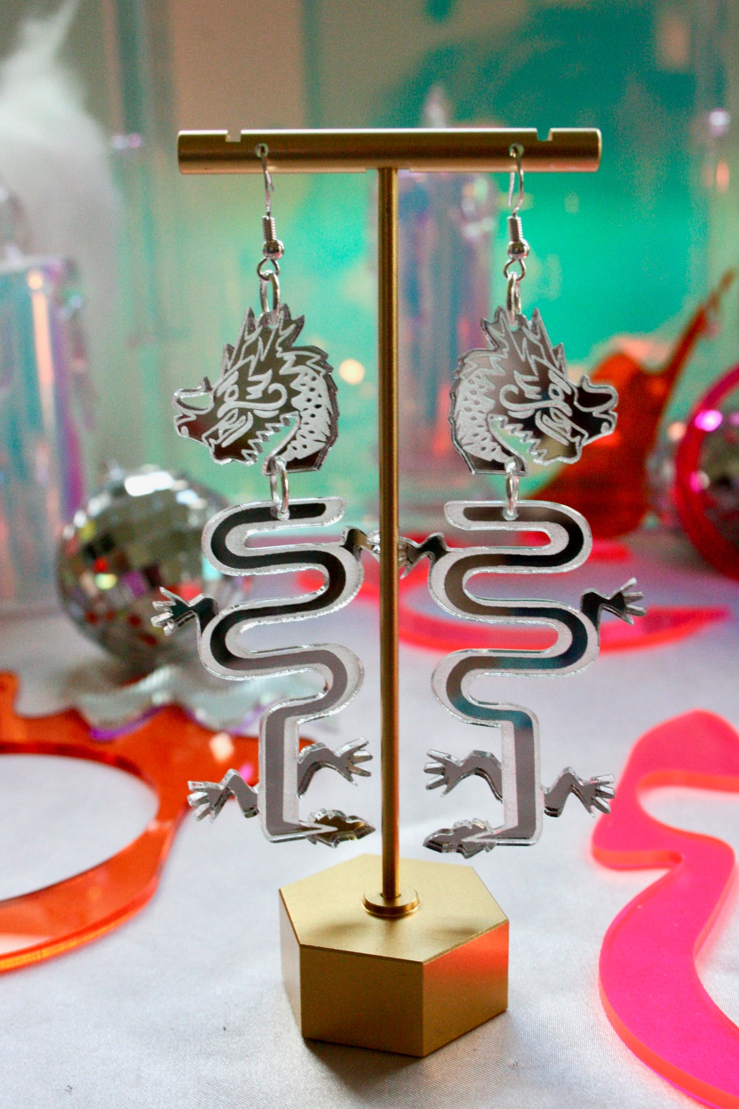 Dragon Earrings- Sparkly Green Silver Reflective Lightweight Reptile Lizard Fantasy